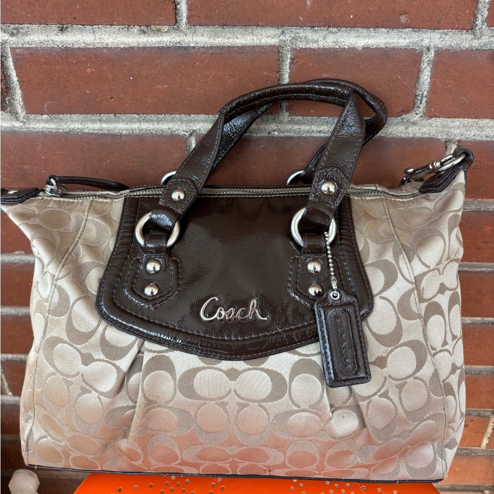 Coach Brown and Cream Signature Shoulder Bag